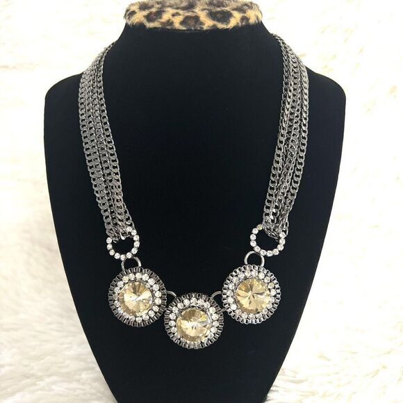 JCPENNEY'S‎ FAUX CITRINE RHINESTONE GLASS SILVER TONE CHOKER LAYERED NECKLACE - Picture 3 of 9